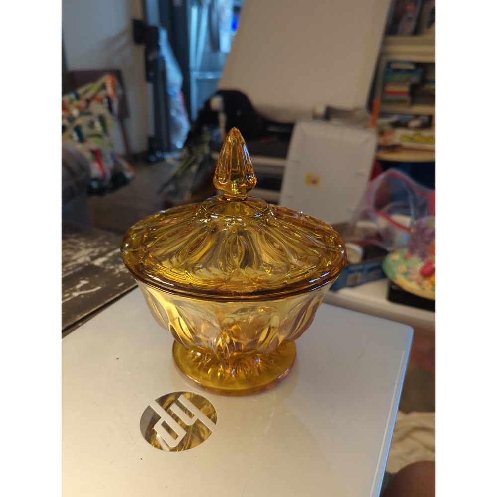 Vintage Anchor Hocking Fairfield Amber Glass Candy Dish With Lid